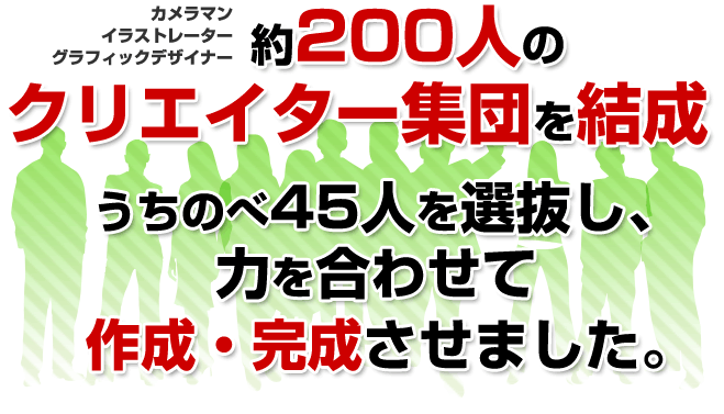 ��200�l�̃N���G�C�^�[�W�c�������B�����̂�45�l���Q�����A�͂����킹�č쐬�A���������܂���